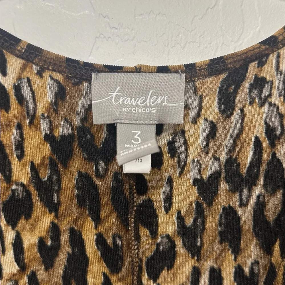 Chico's Black leopard Brown Animal Dress size Xl (3) v-neck wrap midi chic